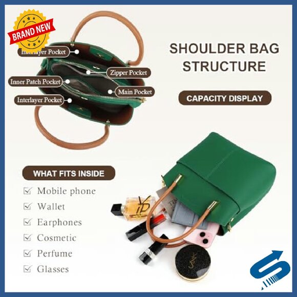 Genuine Leather Bucket Bag with 2 Straps, Spacious Shoulder Purse - Picture 5 of 8